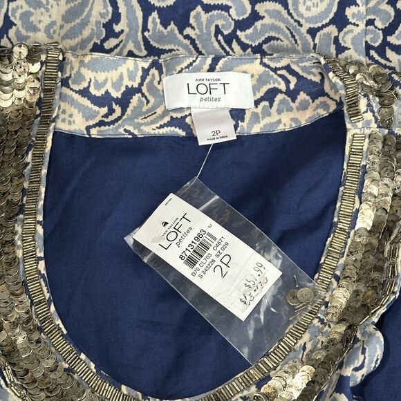 LOFT Blue Paisley Cotton Embellished sequin Sleeveless Shift Dress Size 2P New - Picture 6 of 7